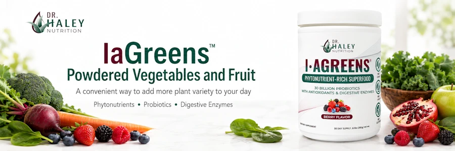 IaGreens® powdered vegetables and fruit with colorful produce
